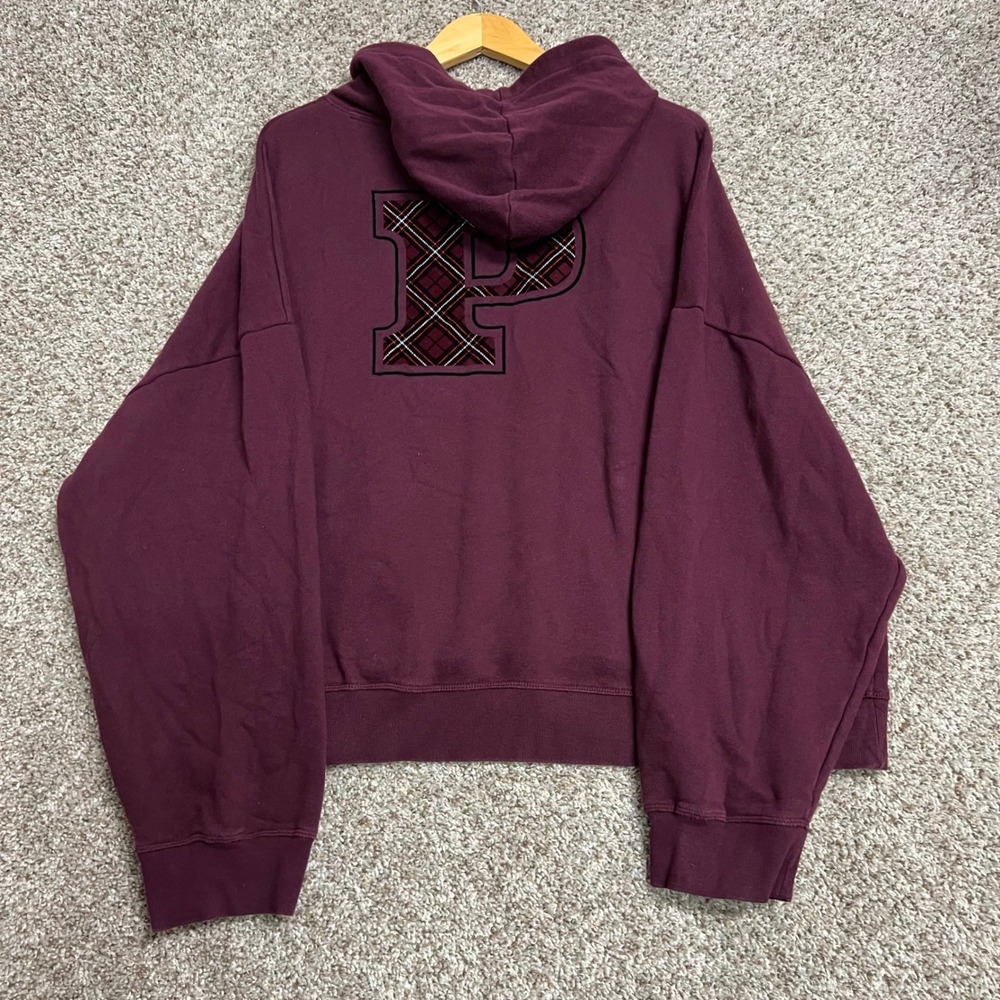 PINK Victoria's Secret Burgundy Plaid Logo Oversized Hoodie XXL - Picture 6 of 8